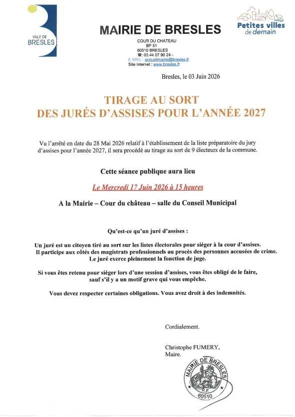 Lire la suite de l'actualité Tirage au sort des jurés d’assises pour l’année 2027
