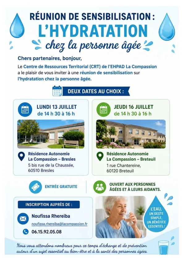 Lire la suite de l'actualité 📢 Réunion de sensibilisation : L&rsquo;hydratation chez la personne âgée 💧